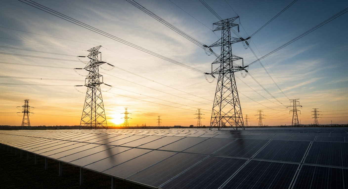Energy grid infrastructure with power lines and solar panels at sunset