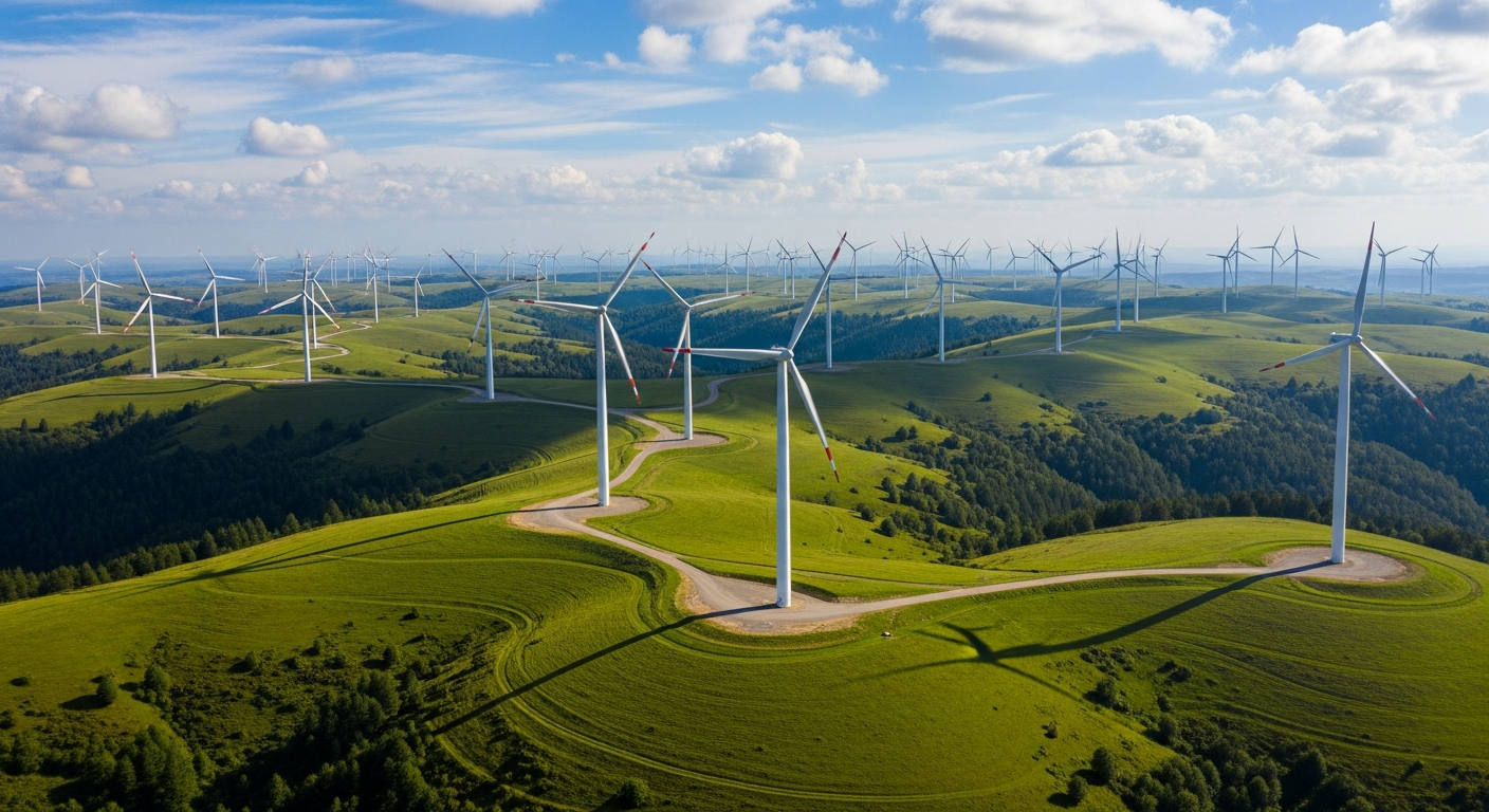 Wind farm with modern wind turbines on green hills under blue sky