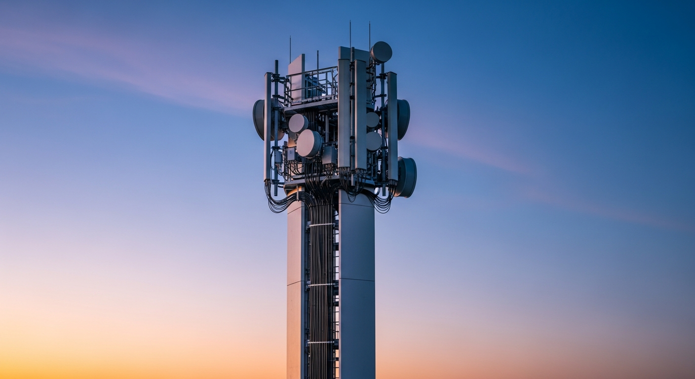 Telecommunications tower with fiber optic cables against dusk sky